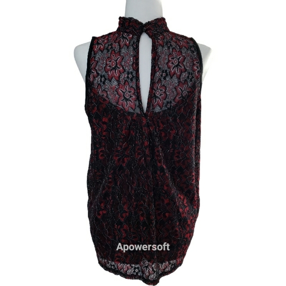 NWOT Shannon Ford New York Maroon Floral Lace Illusion High Neckline Top - Picture 3 of 7